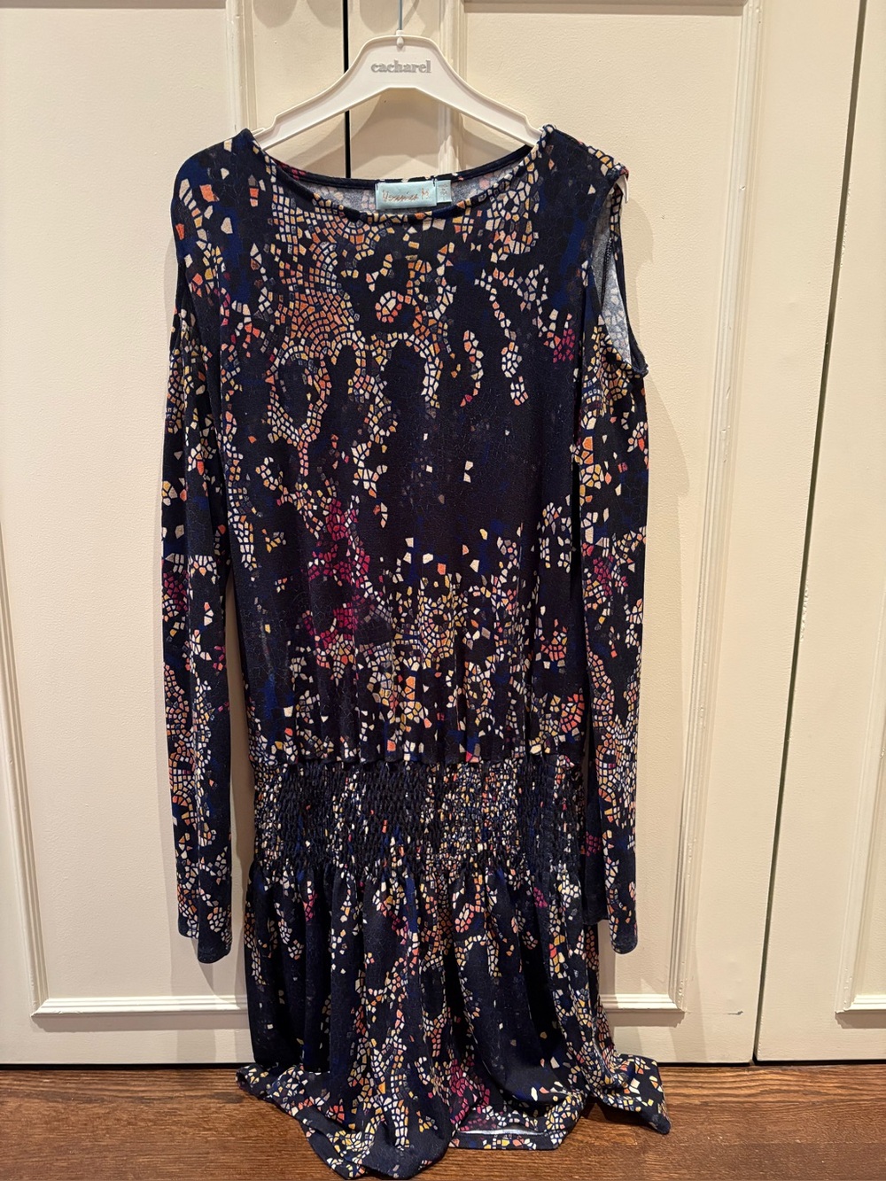 Veronica M Cold Shoulder Printed Dress | Size Small | Navy Multicolor